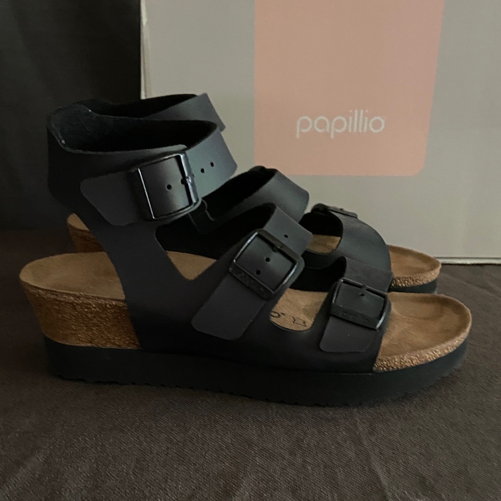 Papillio Black Triple Buckle Cork Wedge Sandals by Birkenstock